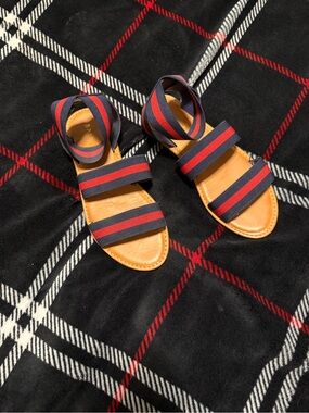 BAMBOO Navy and Red Striped Ankle Wrap Sandals